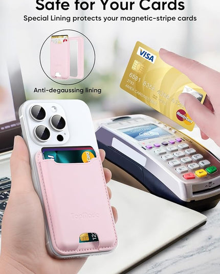 TopMade Phone Card Holder, Premium Leather Phone Wallet Stick on, Stronger 3M Adhesive Credit Card Holder for Back of Phone Case, iPhone, Samsung, and Android, RFID Blocking, Fit 4 Cards, Pink