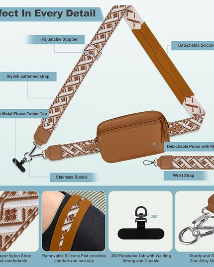 Clip and Go Strap for Phone with Wallet Crossbody, Adjustable Phone Lanyard with Detachable RFID Wristlet Wallet, Pattern Strap - Bronze(L)