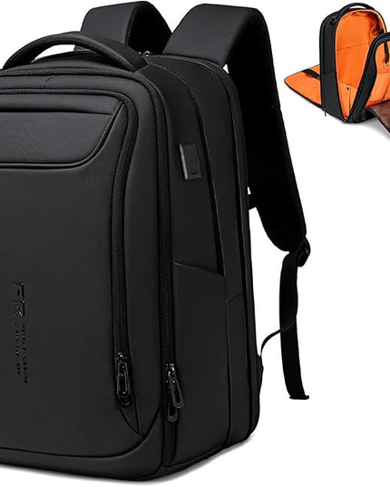 FENRUIEN Expandable Travel Backpack 15.6 Inch, Water Resistant Backpack with USB Charging Port, Black Laptop Bag for Work/Commuter/College