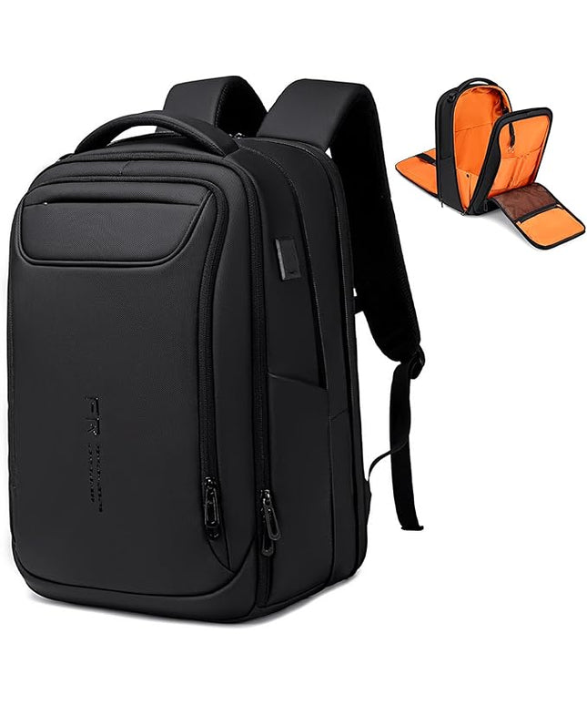 FENRUIEN Expandable Travel Backpack 15.6 Inch, Water Resistant Backpack with USB Charging Port, Black Laptop Bag for Work/Commuter/College
