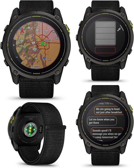 Wearable4U Garmin Enduro 3 – 51 mm, Solar, Sapphire, Ultraperformance GPS Smartwatch, Carbon Gray DLC Titanium with Black UltraFit Nylon Strap Black Earbuds Bundle