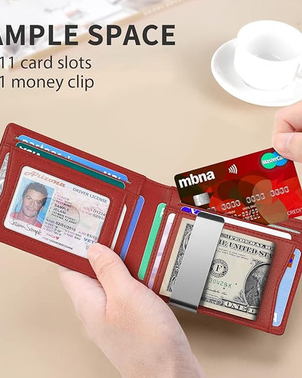 RUNBOX Slim Money Clip Wallets for Men RFID Blocking 11 Card Holder Minimalist Small Leather Bifold Men's Front Pocket Wallet Gift Box