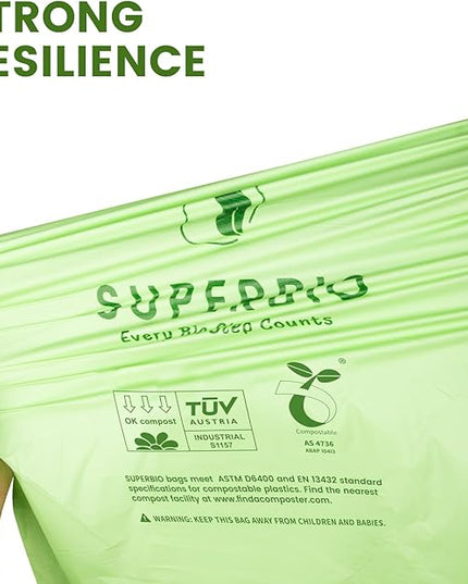SUPERBIO 13 Gallon Compostable Drawstring Kitchen Waste Bag, 49.2 Liter, 30 Count,1 Mil, Heavy Duty Food Scrap Bags, BPI, Seedling and OK compost INDUSTRIAL