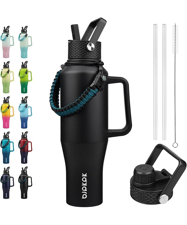 BJPKPK Insulated Water Bottles with Straw Lid, 40oz Metal Water Bottle with 2 lids & Paracord Strap, Double Wall Stainless Steel Tumbler with Handle, Reusable Cups, Mugs, Thermo, Black