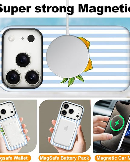 Magnetic for iPhone 17 Pro Max Case Cute Lemon Stripes Phone Case, Shockproof Slim TPU and Hard PC Protective Phone Cover Compatible with MagSafe Designed for Women Girls, Blue