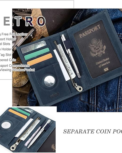 CONTACTS Full Grain Leather Passport Holder RFID Blocking Travel Passport Wallet Compatible with Airtag Passport Cover Case with 4 Cards Slots, Coin Pocket (Blue)