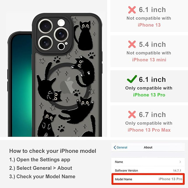 Cute Magnetic Case for iPhone 13 Pro Case [ Compatible with MagSafe ] with Black Cat Cats Pattern Design for Women Girls Boys, Soft Bumper Hard Back Kawaii Animal Protective Phone Cover