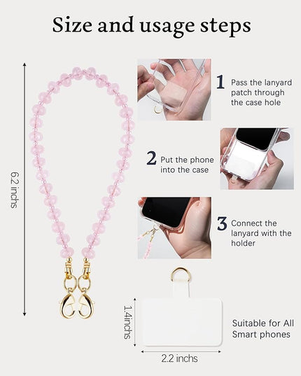 Natural Stone Beaded Phone Wrist Strap for Women – Detachable Chain Wristlet, Durable 304 Stainless Steel Core (Rose Quartz)