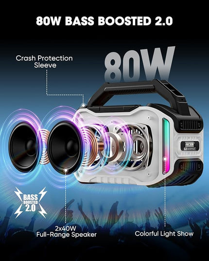 Speakers Bluetooth Wireless: 80W(Peak) Loud Speaker with Bass, 20H Playtime, IPX6 Waterproof, Large Jobsite Speakers for Work, Outdoor, Workshop, Garage, Portable Speaker with TWS (White)