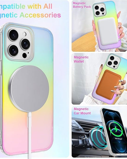 Cute Case for iPhone 12 Pro Max Case for Women Girls [Compatible with Magsafe] Aesthetic Girly Glitter Bling Rainbow Magnetic Protective Phone Cover, Translucent Iridescent Blue & Pink
