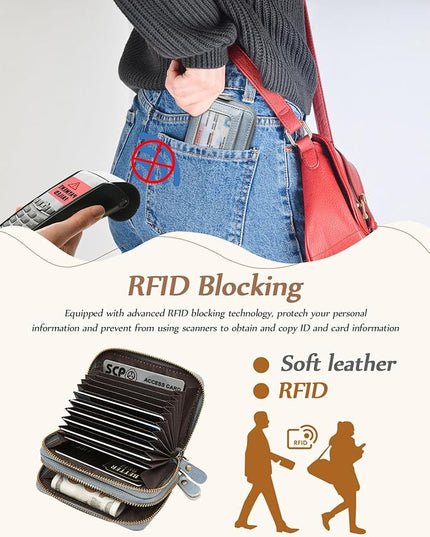 TFKGS Credit Card Holder for Women RFID Wallet Leather Womens Wallet with Zipper Blocking Keychain Card Accordion Wallets Gifts for Women Blue