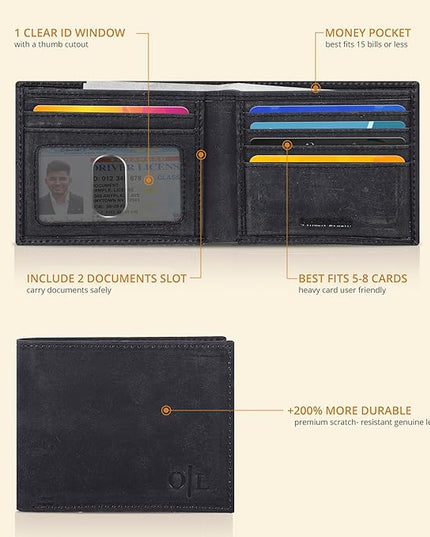 Oak Leathers Slim Leather Wallet for Men - RFID Blocking Slim Minimalist Front Pocket - Thin & Stylish with ID Window, Gift For Men (Vintage Black)