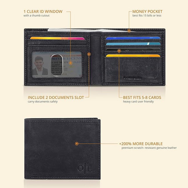 Oak Leathers Slim Leather Wallet for Men - RFID Blocking Slim Minimalist Front Pocket - Thin & Stylish with ID Window, Gift For Men (Vintage Black)