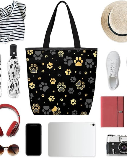 Pardick Black Paw Printed Canvas Tote Bag, Eco Friendly Cute Reusable Grocery Shopping Bags Beach Bag Book Tote Handbags Washable Shoulder Bags With Zipper Inner Pocket for Women Girls