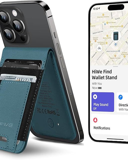 HiWe for MagSafe Wallet Stand with Find My, Anti-Lost Strongest Magnetic Wallet for iPhone 17/16/15/14/13/12 Series, 9 Cards Holder, Leather RFID, Dark Blue
