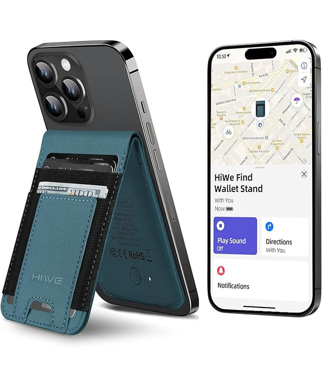 HiWe for MagSafe Wallet Stand with Find My, Anti-Lost Strongest Magnetic Wallet for iPhone 17/16/15/14/13/12 Series, 9 Cards Holder, Leather RFID, Dark Blue
