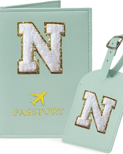 COSHAYSOO Green Passport Cover and Luggage Tag Set TSA Approved with Her Initial Chenille Letter Patch, Trending Traveling Bag Backpack Suitcase Identifier Birthday Gifts for Women Girls (N)