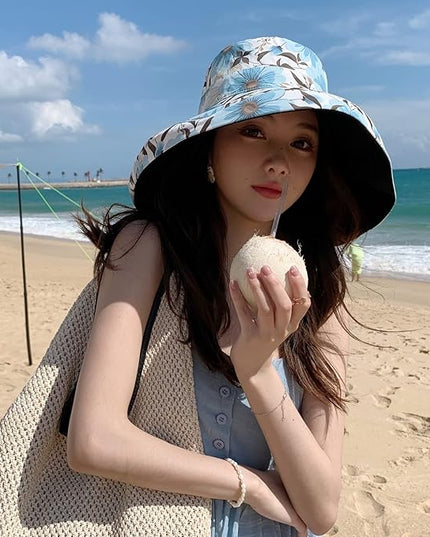 HUAMULAN Women Summer Sun Hat Wide Brim Wired Edge Floral Beach Bucket Hats Reversible Foldable Travel UV Protection Lady Hat