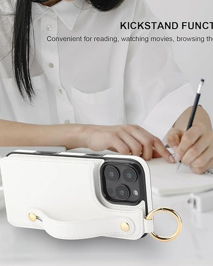 Folosu for iPhone 16 Pro Max Wallet Case with Card Holder, Hand Wrist Strap Loop Holder Kickstand, RFID Blocking Finger Grip Ring PU Leather Double Buttons Shockproof Cover 6.9" White