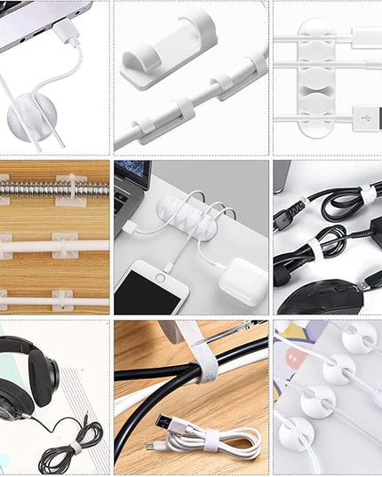 White Cable Management Organizer Kit, 2 Wire Sleeve Protector, 41 Self Adhesive Cable Clips Holder, 10pcs+2 Roll Reusable Cable Ties and 100 Cable Zip Ties for TV Computer Cord Tidy Under Desk