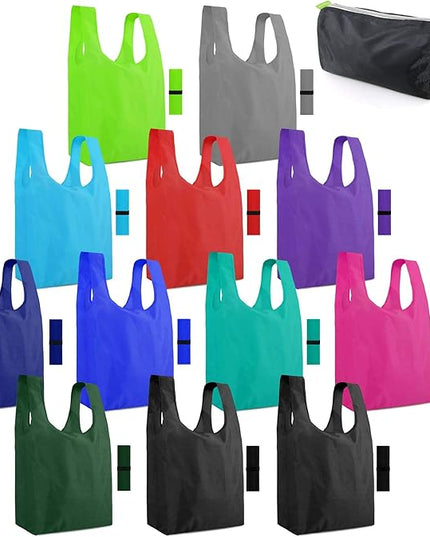 BeeGreen Reusable Shopping Bags with Handles - 12 Pack Foldable Polyester Tote Bags Bulk with Zipper Pouch, Travel Tote Cloth Bag for Women Holiday Beach, Washable Reusable Gift Bag for Groceries