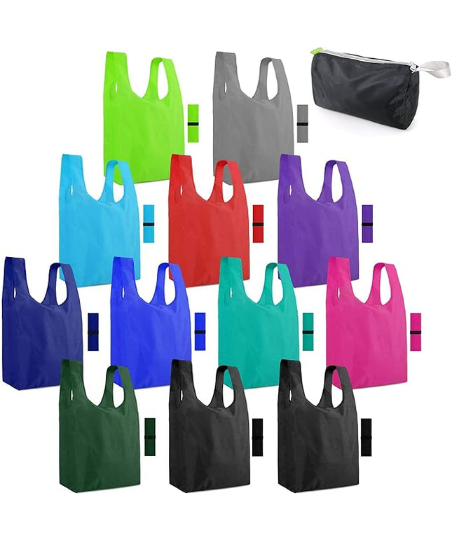 BeeGreen Reusable Shopping Bags with Handles - 12 Pack Foldable Polyester Tote Bags Bulk with Zipper Pouch, Travel Tote Cloth Bag for Women Holiday Beach, Washable Reusable Gift Bag for Groceries