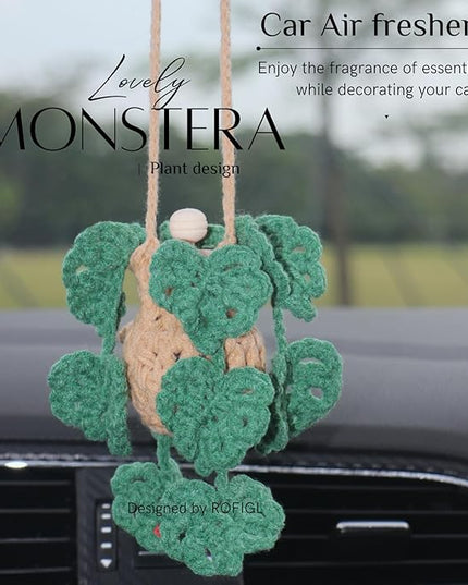 Cute Crochet Car Plant Monstera Essential Oil Diffuser Bottle - 12ml Refillable, Green Car Accessory for Mirror Decor and Home Decor