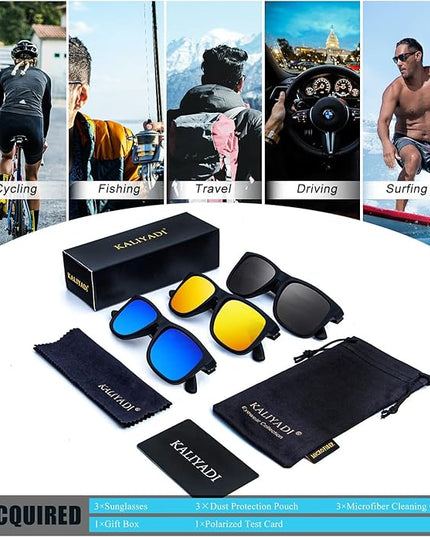 KALIYADI Sunglasses Men Polarized Sun glasses for Mens Womens Classic Matte Black Frame UV Protection 3pack