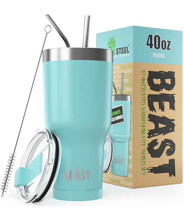 Beast 40 oz Tumbler Stainless Steel Vacuum Insulated Coffee Ice Cup Double Wall Travel Flask (Aquamarine Blue)