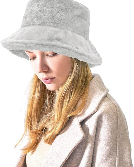 Women Plush Fluffy Bucket Hat Warm Lining Winter Faux Fur Cozy Wide Brim Winter