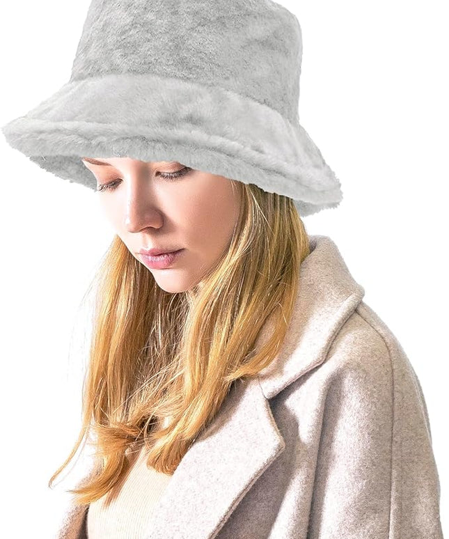 Women Plush Fluffy Bucket Hat Warm Lining Winter Faux Fur Cozy Wide Brim Winter