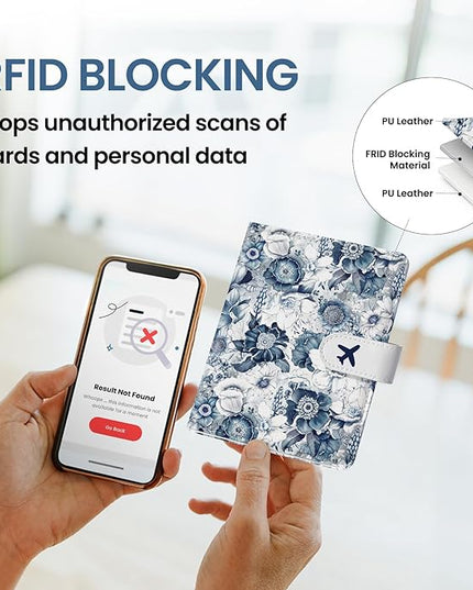Passport Holder for Travel Essentials, RFID Blocking Leather Cover Wallet with Magnetic Closure, Aesthetic & Cute Passport Book Case for Women and Men - Blueflower