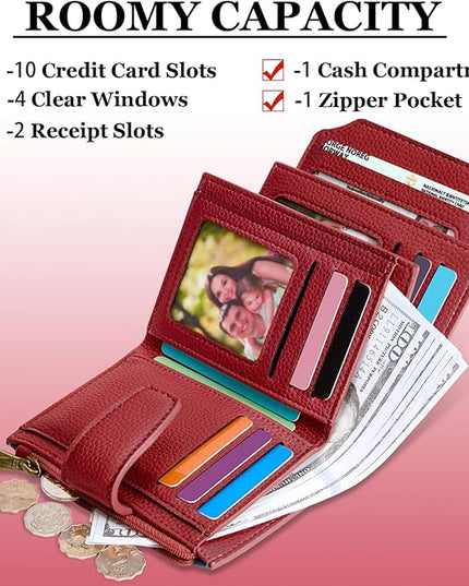 Airkit Small Wallet Women RFID Blocking Soft Leather Bifold Compact Card Holder Wallet for Women with Zipper Coin Pocket 4 ID Window