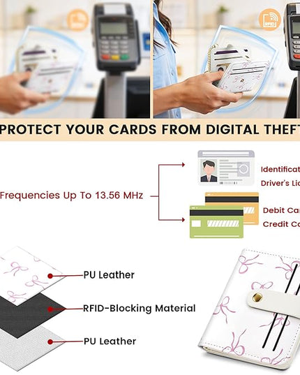 Sodsay Small Slim Wallet Women RFID Blocking, PU Leather Bifold Ladies Wallet with Zipper Coin Pocket, Thin Cute Travel Card Wallets for Girls, Pink Whimsical Bows
