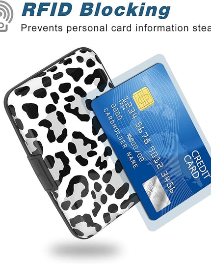 Atufsuat Credit Card Holder, Mini Aluminum Card Wallet RFID Blocking Slim Metal Hard Card Case for Women Men, White Leopard