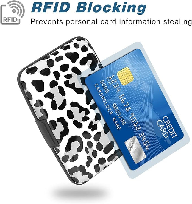 Atufsuat Credit Card Holder, Mini Aluminum Card Wallet RFID Blocking Slim Metal Hard Card Case for Women Men, White Leopard