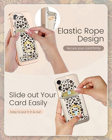 Shorogyt Compatible with Magsafe Wallet with Ring Grip Magnetic Card Holder - Cute Phone Wallets with Stand for iPhone 17/16/15/14/13/12 Series for Women Girls White Leopard Design, Fit 7 Cards