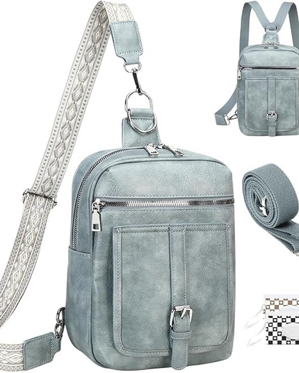Sling Bag Crossbody Backpack - 2 in 1 Leather Cross Body Bag Fanny Pack with 2 Removable Straps
