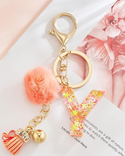Resin Alphabet Initial Letter Keychain Keyring for Women Purse Handbags With Fur Ball Pom