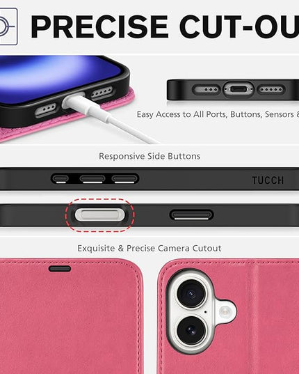 TUCCH Wallet Case for iPhone 16, Kickstand PU Leather Magnetic Protective Flip Cover with [RFID Blocking] [4 Card Slots] [TPU Interior Case] Compatible with iPhone 16 5G 2024, Hot Pink