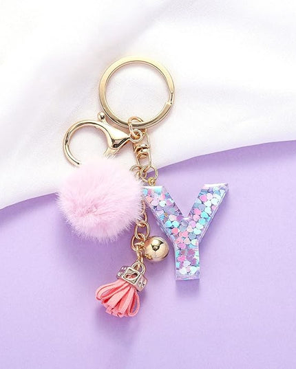 Resin Alphabet Initial Letter Keychain Keyring for Women Purse Handbags With Fur Ball Pom