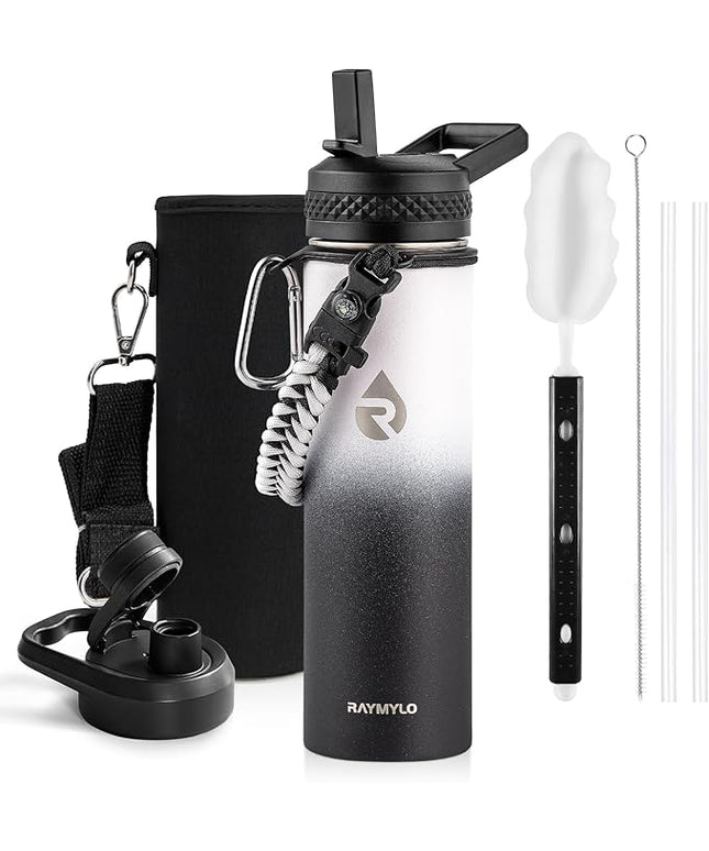 Insulated Water Bottle 20 oz, Triple Wall Vacuum Stainless Steel (Cold for 48 Hrs), Leak Proof & Non-BPA, Kids Water Bottle Jug for School with Straw Spout Lids, Ombre: White/Black
