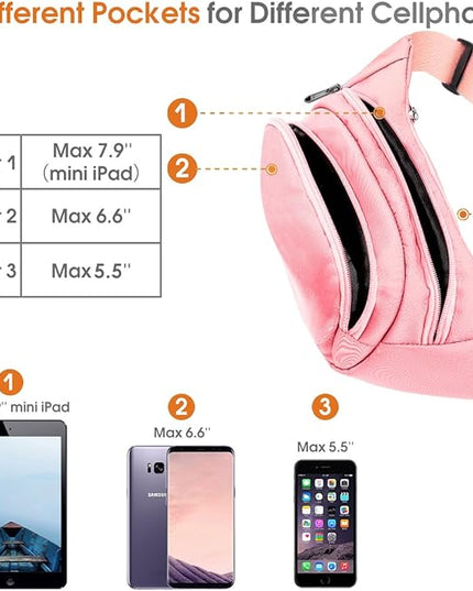 Large Fanny Pack for Women Men - Syican Waist bag with 3-Zipper Pockets, Gifts for Enjoy Sports Traveling Workout Casual Hands-Free crossbody bags Fits MAX 7.9'' iPad & 6.6'' Phone