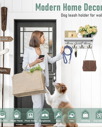 buways Wall-Mounted Key and Mail Holder, Wooden Key Rack with 4 Double Key Hooks, Rustic Home Decor for Entryway(White)