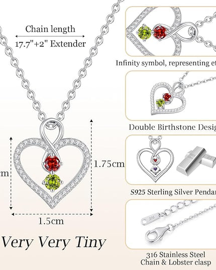 LOUISA SECRET Infinity Double Birthstone Necklace, 925 Sterling Silver Tiny Pendant Heart Necklace for Women Wife Her, Best Jewelry Gift Heart Jewelry Meaningful Gift for Valentine's Day, Christmas, Birthday Anniversary