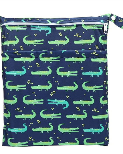 Wet Bag Baby Cloth Diaper Nappy Insert Bag Washable Two Zippered Pockets Boys (Green Crocodiles)