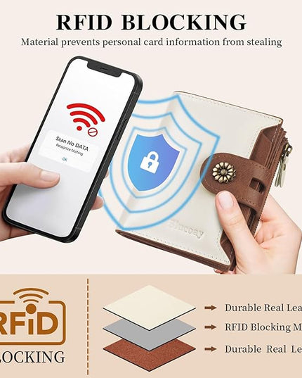 Blucoay Wallet Women,RFID Blocking Leather Womens Wallet Bifold Compact Card Holder Small Wallet for Women with Removable ID Window(Whitebrown)