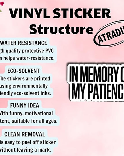 (3Pcs) in Memory of My Patience Sticker Funny Sarcastic Quote Vinyl Waterproof Decal for Laptop Water Bottle Phone Journal Humor Stickers for Adults Coworkers Gifts for Women Size 2.6" x 3"
