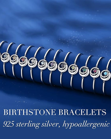 FANCIME Birthstone Bracelets 925 Sterling Silver Moon and Star Bangle Charm Bracelet Fine Jewelry Birthday Anniversary Christmas Day Gift for Her Women, Adjustable Chain 6.7"+1.2" Extend
