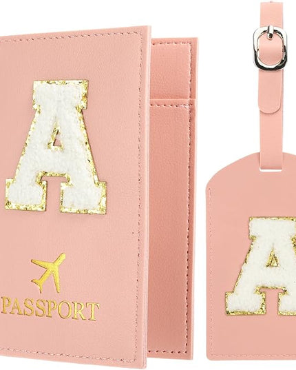 PATIKIL Passport Holder for Travel, Initial Passport Cover and Luggage Tag Set with Alphabet Chenille Letter Patch Travel Wallet Bag Suitcase Identifier for Women Family Travel Pink A